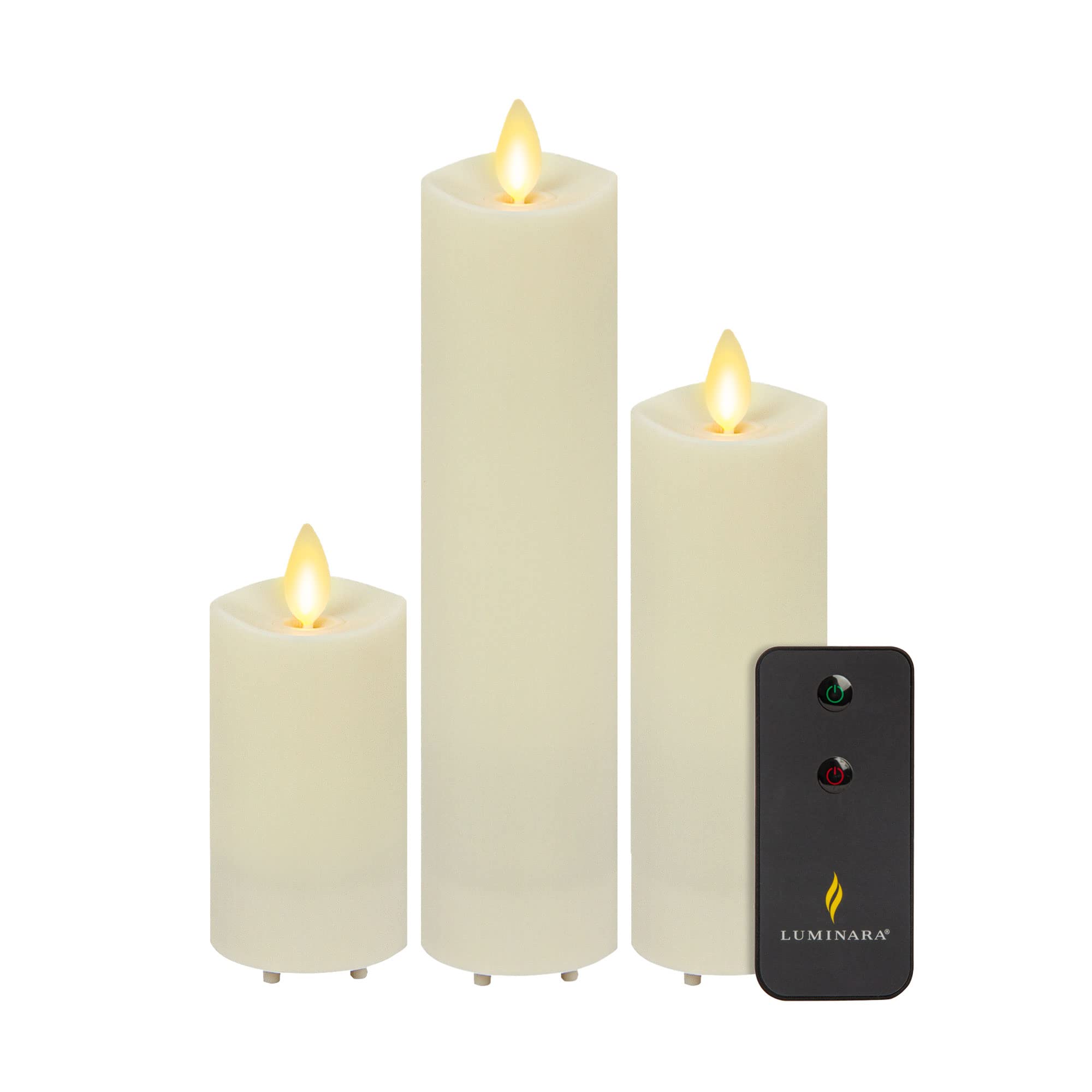 Luminara Set of 3 Outdoor Moving Flame 2" Slim Pillar (4.5", 6.5" and 8.5" Tall) IPX4 Water Resistance, Flameless LED Candle with Remote Control, Melted Edge, Matte Plastic, Timer, Ivory