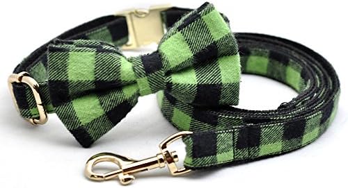 Preppie Paws Green Plaid Bow Tie Collar and Leash Set (L/XL Gold Hardware)