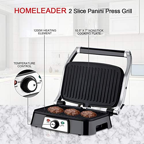 Panini Maker 2 Slice Panini Press Grill, Non-stick Sandwich Maker with Removable Drip Tray and Temperature Control, Opens 180 Degrees for Sandwich, Steaks, Grilled fish