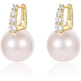 HUGE SWAN Big Pearl Hoop Earrings for Women Trendy, Cubic Zirconia Pearl Drop Earrings, 18K Gold Plated Shell Pearl Dangle CZ Earring Jewelry for Birthday Anniversary,13mm