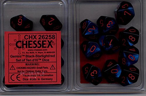 Chessex Dice d10 Sets: Gemini Black / Starlight with Red - Ten Sided Die (10)