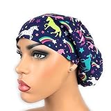 Womens Surgical Scrub Hat OR Nurse Cap Euro Style Adjustable Unicorns and Rainbows