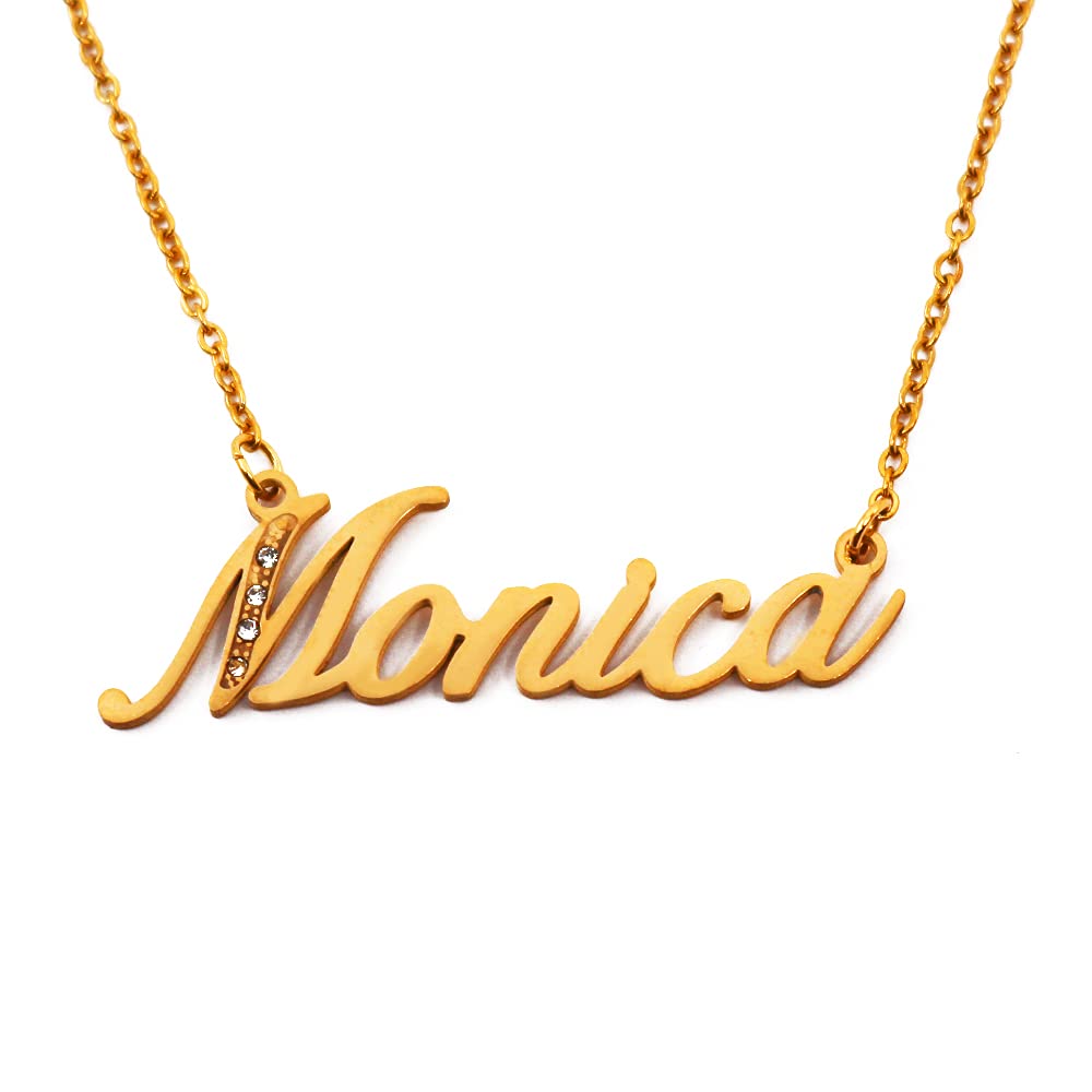 Kigu Name Necklace Monica - Gold Tone - Custom Name Necklace - Personalised Jewellery for Ladies- Customised Jewellery for Girls- Custom Pendant Monica