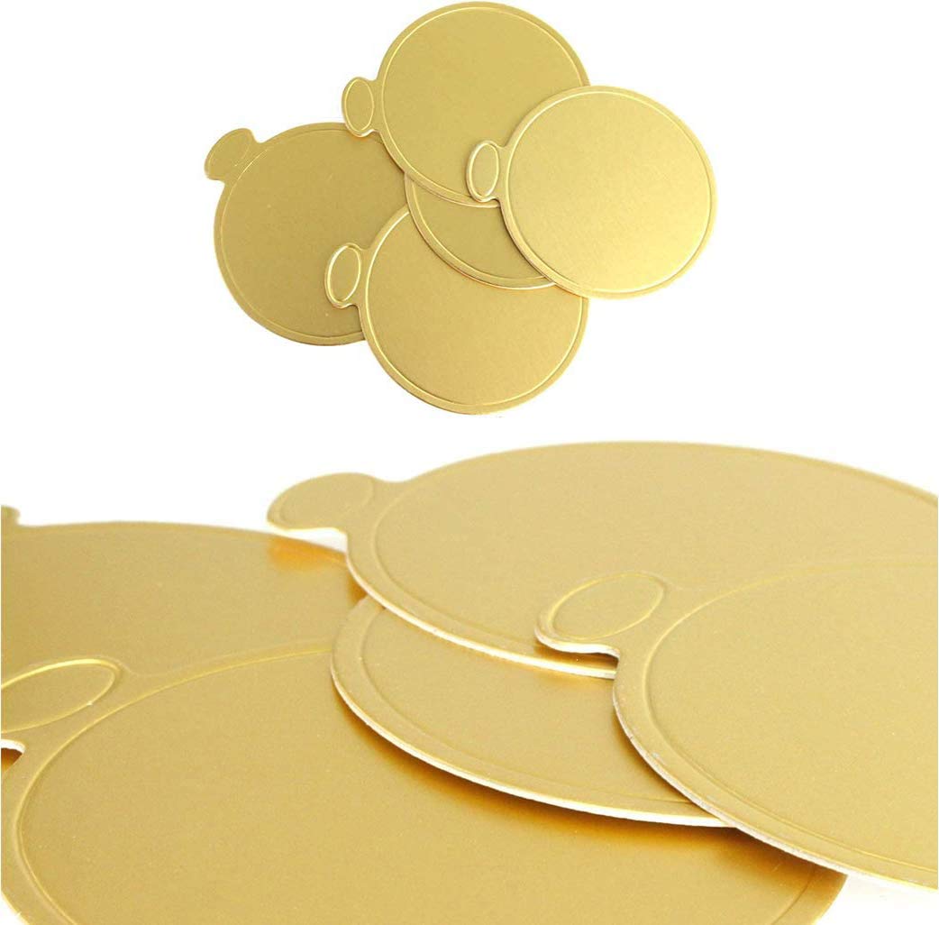 SIMEIXI 100PCS Mousse Cake Cardboard Disposable Dessert tray Mini Cake Dessert Display Tray Cake Decorative Tools Kit (shiny gold).