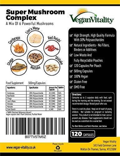 Suplemento de 6 Hongos – Reishi, Melena de León, Cordyceps, Chaga, Shitake y Maitake. 120 Cápsulas. 500mg Por Cápsula. Fórmula de Alta Resistencia para el Apoyo del Sistema Inmunológico y Bienestar