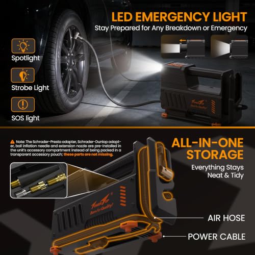 TowerTop Tyre Inflator Air Compressor: 5X Faster Heavy Duty 12V Car Tyre Pump, Auto-Stop & Memory, High Precision Gauge, 500lm LED Torch, 3.5M Cord, All-in-One Design 30S Fast Inflation with Handbag