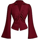 Floerns Women's Bell Sleeve Button Down Shirts V Neck Ruched Fall Clothes Blouse Tops
