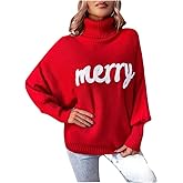Christmas Sweaters for Women Merry Sweater: Oversized Turtleneck Sweaters 2025 Long Batwing Sleeve Xmas Pullover Tops