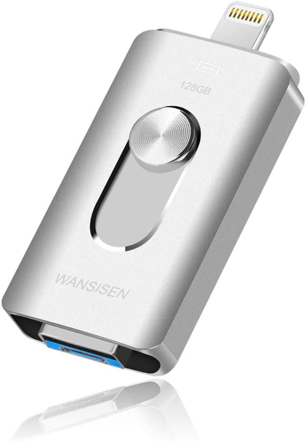 USB Memory for iPhone Flash Drive Photo Stick 128GB Thumb Drives 3in1 iPad iOS Memory Stick Wansisen Compatible iPhone/iPad/iPod/MacBook/Android/PC/iOS/USB C Drive(Silver128G02D)