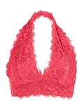 Youmita Floral Lace Halter Bra Bralette Sweat Fiber Lining Cute Unpadded Bamboo Top Sheer Bustier Crop Wireless Lingerie (Medium, Coral)
