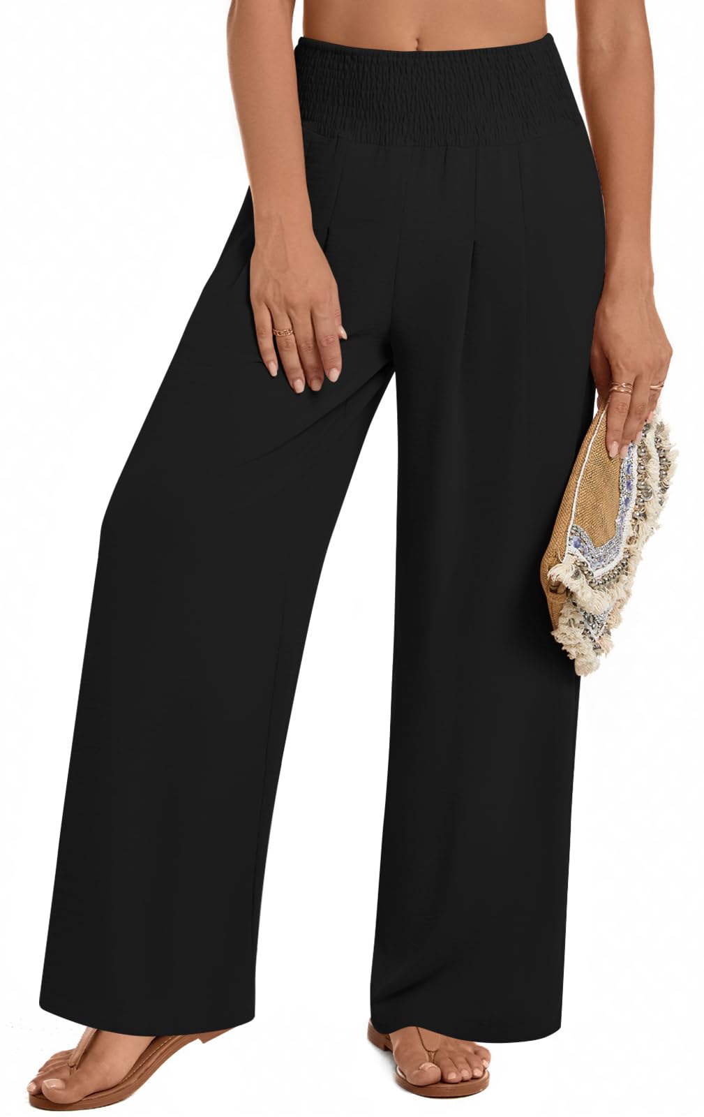 Photo 1 of Findsweet 2025 Women Palazzo Pants Wide Leg High Waist Casual Flowy Pant Lounge Beach Vacation Outfits Black X-Large
