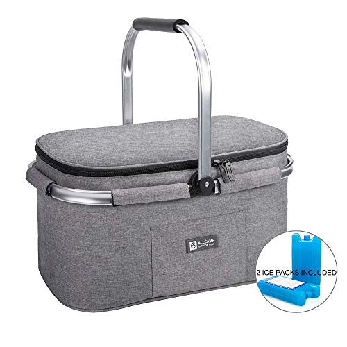 ALLCAMP Lightweight Picnic Basket Collapsible Insulated Cooler Bag for 4 Person 32L Extra Large Family Size with 2 Ice Packs(Light Gray)