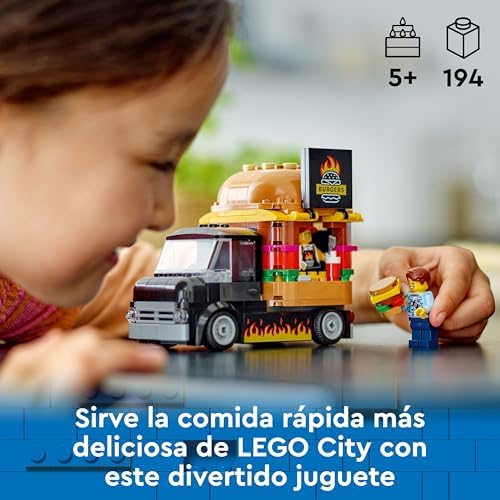 Lego city burger truck, food truck toy, presente para meninos e meninas de 5 anos ou mais, brincadeira imaginativa com van e cozinha, minifigura de vendedora, acessório de hambúrguer 60404