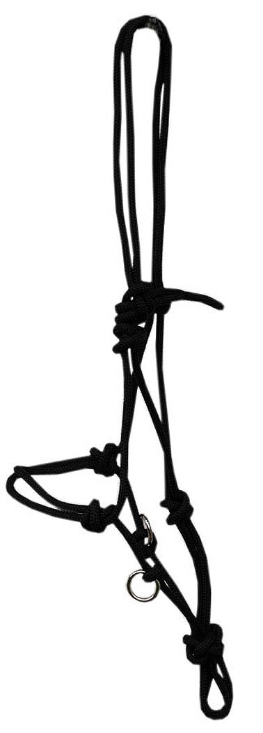 Knot halter with rings, black, Noriker for training, ground work, lunging or for riding, sidepull, bitless