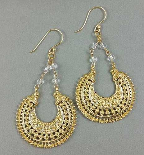 Crystal Quartz Gemstone Artist Hand Linked and Gold Tribal Fan Statement Earrings
