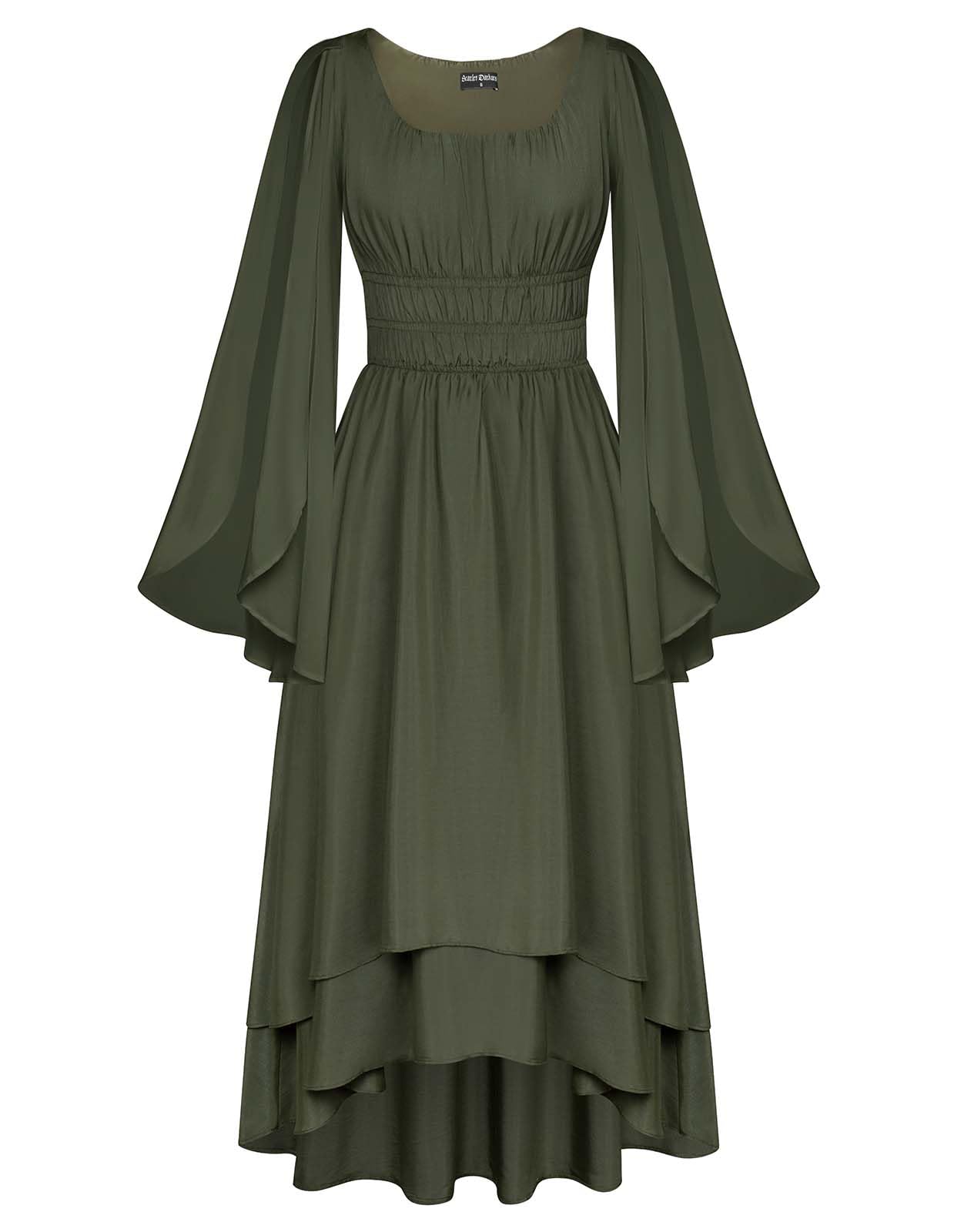 Photo 1 of Women Renaissance Costume Split Bell Sleeve Double Layered High Low Dress Olive Green M