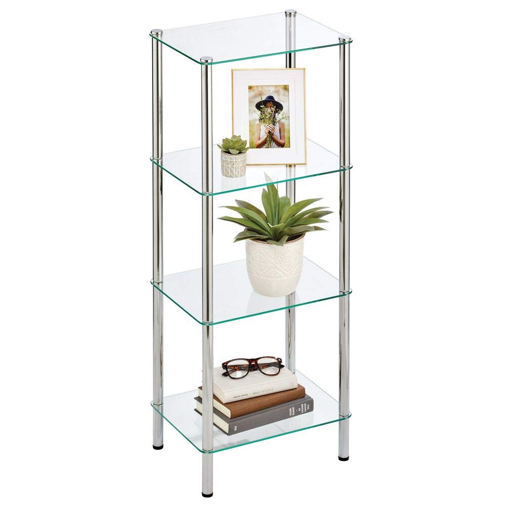 mDesign Tall 4-Tier Glass and Metal Freestanding Shelf Organizer Display Unit - Narrow Shelves for Bathroom, Kitchen, Bedroom, Office - Open Shelving for Book, Towel, and Handbags - Chrome/Clear