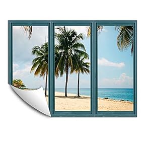 Wall Murals for Bedroom Fake Window Beach Blue Window Removable Wallpaper Peel and Stick Wall Stickers - 24x32 inches