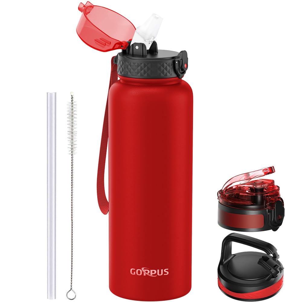 GOPPUS 1.2L/40oz Stainless Water Bottle with Straw Double Wall Insulated Bottles with Strap Large Vacuum Thermal Flask Leakproof Keep Cold Drinks Bottles with Flip Top Lid for Men Women BPA Free