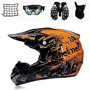 Motorhelm Motorcross Helm Kinderen Geel Zwart, Motocross Helm Set met Bril Handschoenen Masker Motorfiets Nets, Fullface…