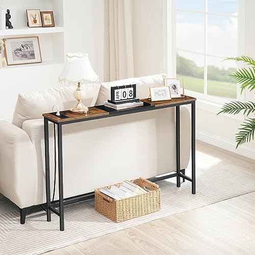 HOOBRO Narrow Console Table with Charging Station, Skinny Entryway Table for Living Room, Slim Console Table Behind Couch, Sofa Table for Hallway, Foyer, Rustic Brown and Black EBF114KXG01