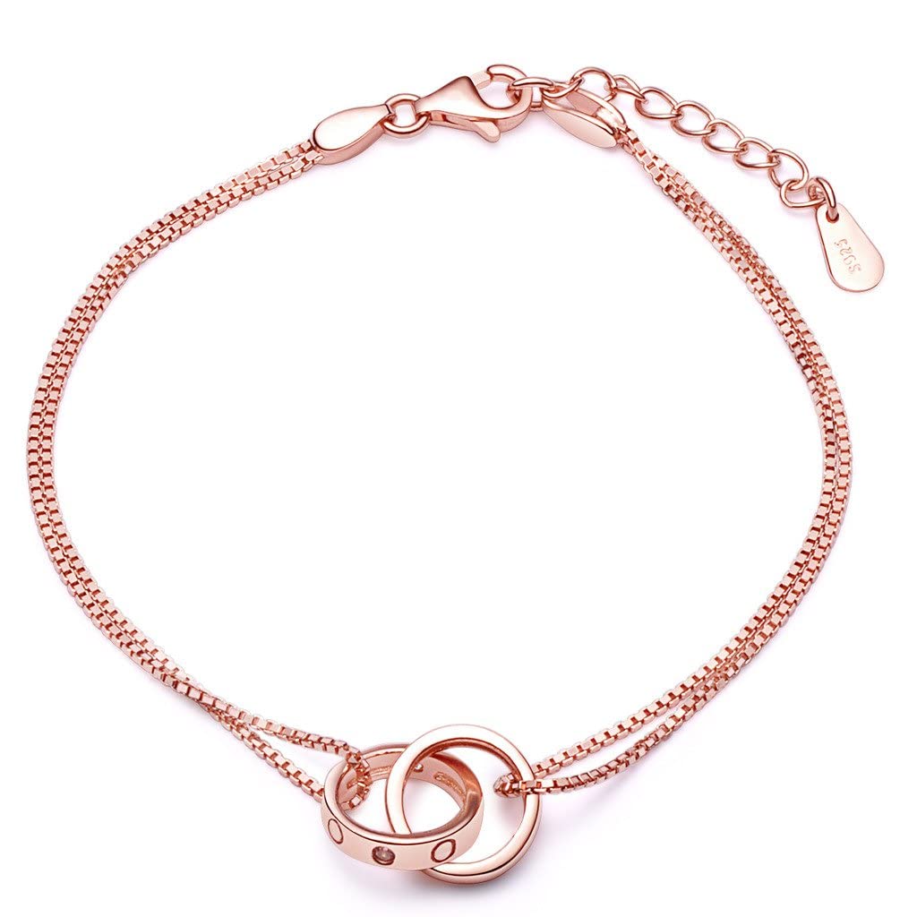 Infinite U Elegant Womens Charm Bracelet 925 Sterling Silver Cubic Zirconia Interlocking Rings Hand Chain, Adjustable, Rose Gold