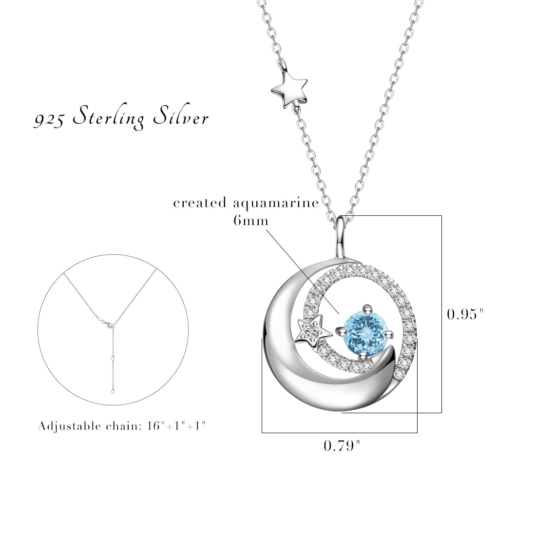 FANCIME Birthstone Necklaces 925 Sterling Silver Moon and Star Pendant Fine Jewelry Birthday Christmas Gifts for Mom Wife Her Daughter, Adjustable Chain 16+2