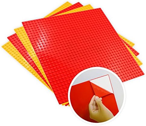 Upgrade Self Adhesive Baseplates - 10" X 10" or 32 X 32 Studs (4 Pack) Peel and Stick Building Blocks Base Plates - Compatible with All Major Brick Sets - by Nicolababe (10" x 10", 4 Pack, Red/Yellow)