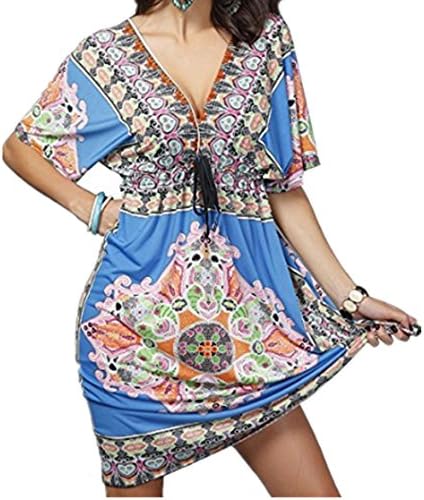 MUXKN Women Deep V Short Sleeves Oversize Printed Bohemia Ethnic Style Summer Shift Dress Swimsuit Beach Cover Up Pool Wear (Blue)
