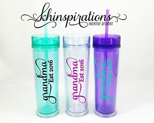 Khinspirations - New Grandma Gifts Est 2017 2018 Baby Announcement Pregnancy Reveal for Grandparents Acrylic Skinny Tall Tumbler with Straw 16 oz