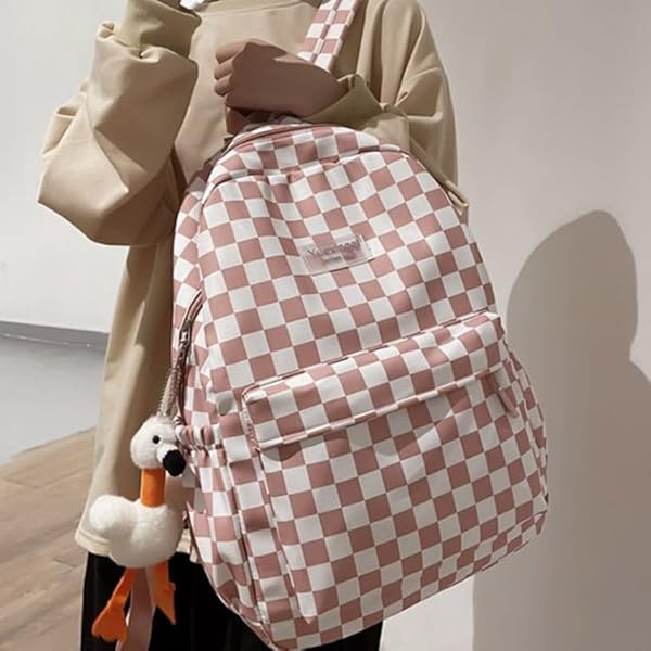 MININAI Y2K AESTHETIC CHECKERED BACKPACK WITH KAWAII PENDANT CHECKERBOARD BACKPACK CUTE PREPPY LAPTOP BACKPACK LIGHT RUCKSACK (ONE SIZE,PINK)