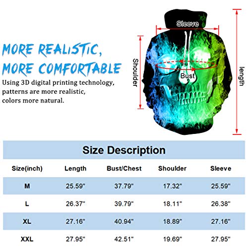chicolife Unisex Adult 3D Skull Oversized Hoodie Women Colourful Graphic Printed Hoody Drawstring Pocket Green Fire Long Sleeve Pullover Hooded Sweatshirt L