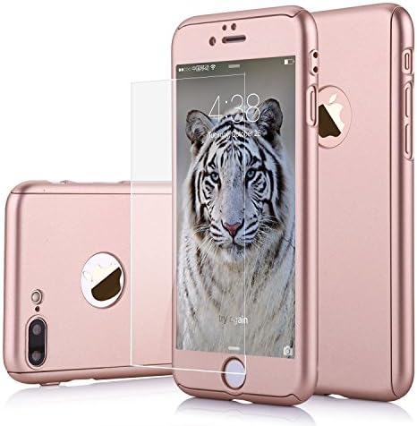 iPhone 7 Plus Case, 360 Full Body Coverage Protection Dual Layer Matte Finish Hard Slim Thin Grip Case with Tempered Glass Screen Protecto For iPhone 7 Plus(rose gold)