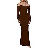 BORIFLORS Women's Elegant Off The Shoulder Bodycon Long Sleeve Maxi Dress Mesh Cocktail Party Wedding Guest Formal Dresses