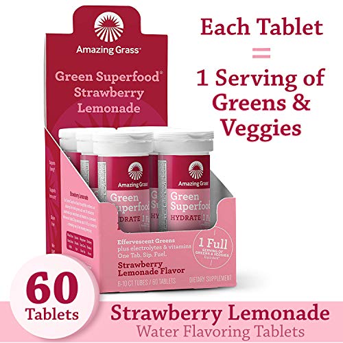 Amazing Grass Effervescent Tablets, Green Superfood Hydration Water Flavoring Tablet, Electrolyte, Vitamins and One Serving of Greens, Strawberry Lemonade Flavor, 60 Count