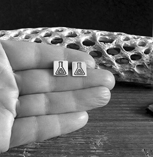 Science geek earrings labratory flask beaker sterling silver post studs. Handmade in the USA