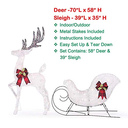 60" Cool White Splendor Lighted Reindeer Sleigh Display Outdoor Christmas Decoration Seasonal Winter Holiday Yard Art Sculptures (Renewed)