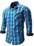 Neleus Men's Cotton Long Sleeve Button Down Plaid Shirts,115,Light Blue,M,EUR L