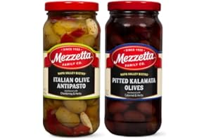 Mezzetta Napa Valley Bistro Olives (2 Pack) | Italian Olive Antipasto with Chardonnay & Herbs 16 oz, Pitted Kalamata Olives with Cabernet & Herbs 16 oz