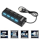 ELEGIANT Premium USB 4-Port Hub 2.0 Compact USB Charger with Individual Power Switches and LEDs For Laptop PC Black