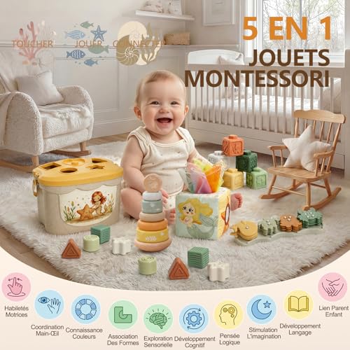 Anook Montessori Toys 6 Months, 5 in 1 Games Early Learning Baby 6-12 Months with Baby Cube, Baby Shape Game, Tissue Box, Montessori Games 6-24 Months for Baby Girl Gift