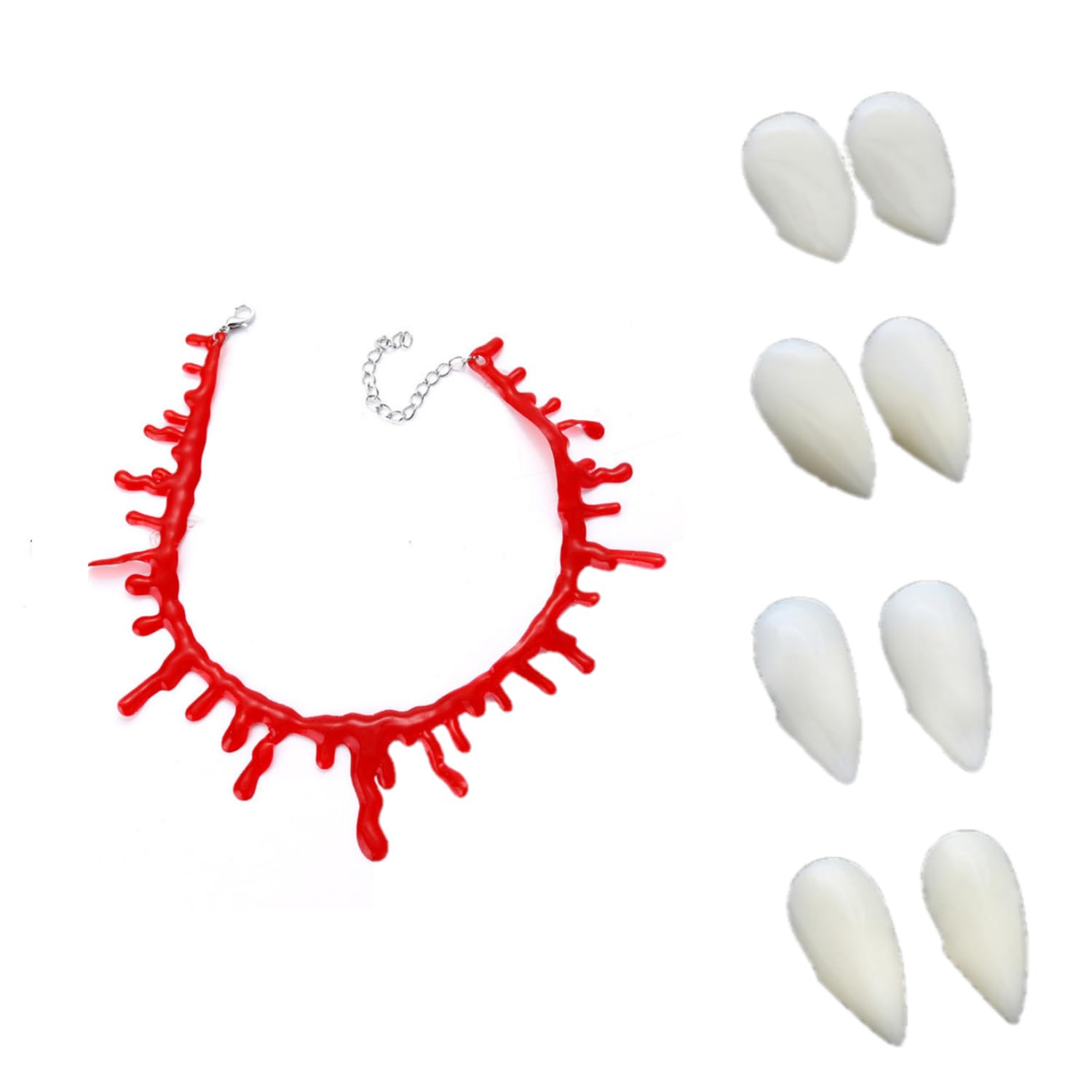 MEISH 5 Pieces Vampire Props Blood Drop Necklace with 4 Pairs Vampire Fangs Teeth Horror Party Props for Halloween Cosplay Party