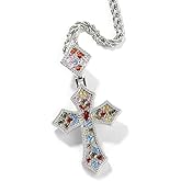 Lulu Mel Iced Out Colorful Rhomboic Cross Pendant Necklace, Trendy White Gold Hip Hop Cubic Zirconia Oval Diamond Cross Pendant Faith Jesus Necklace Gift