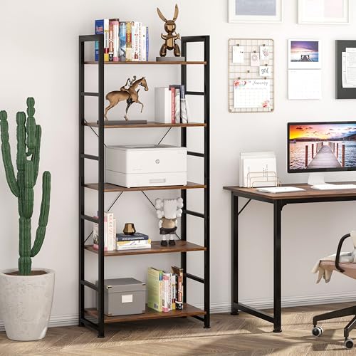 VERMESS Industrial Bookshelf, 5-Tier 24inch Shelving Unit Wood Bookcase with Open Shelves, Standing Bookshelves Metal Frame Display Rack for Living Room,Bedroom, 24.8 * 11.8 * 63 inch，Rustic Brown