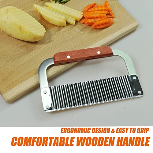 2 Pack Crinkle Cutter for Veggies - Stainless Steel Wavy Potato Chopper Knife w/Wooden Handle - Crinkle Sweet Potato French Fries Slicer Cut Tool for Chopping Carrots, Cucumber, Soap Cutting