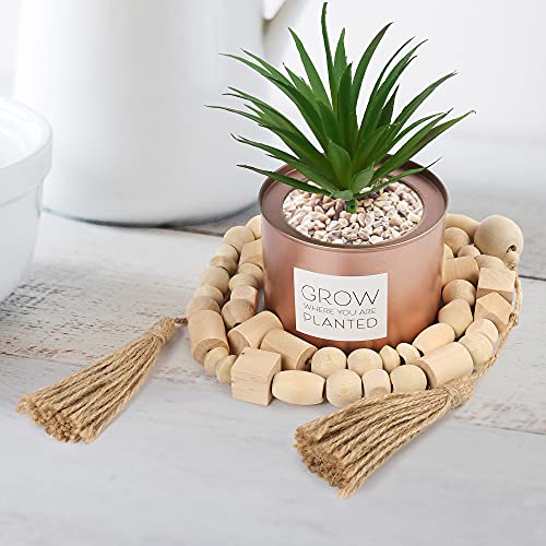 LotFancy Natural Wooden Bead Garland with Tassel, 60in / 5ft, Modern Farmhouse Boho Bead String for Décor, Various Shapes Design, for Home Wall Shelf Coffee Table