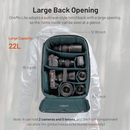 PGYTECH OneMo Lite Zaino Fotografico Impermeabile 22L, Nero | Apertura Totale, Divisori Modulari, Trasporto Ergonomico, Per Reflex Digitali, Fotocamere Mirrorless,Droni Computer Portatile