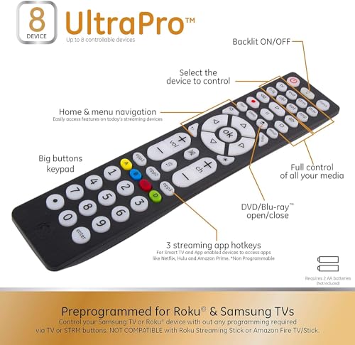 GE Backlit Buttons Universal Remote Control, Samsung TV Remote Control Replacement, Samsung Remote Control for Smart TV, Roku Remote Replacement, Vizio, LG TV, Sony, Apple TV, 8-Device, Black, 37123