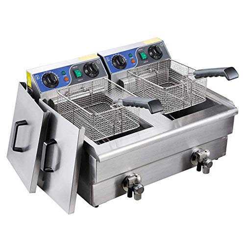 Click Here to See More Images Koval Inc. Stainless Steel Commercial Electric Deep Fat Fryer with Drain and Basket (20L, Silver Double Tank)