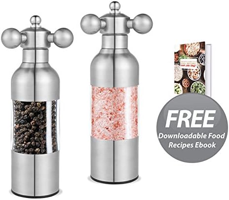 Peppermillion | 2 Pcs 6.8x1.8 Inch Premium 304 Stainless Steel Salt and Pepper Shaker Set with 3 Knob Adjustable Coarse/Fine Ceramic Grinder | Clear Shatterproof Acrylic Pepper Mill | Plus Recipe E-book